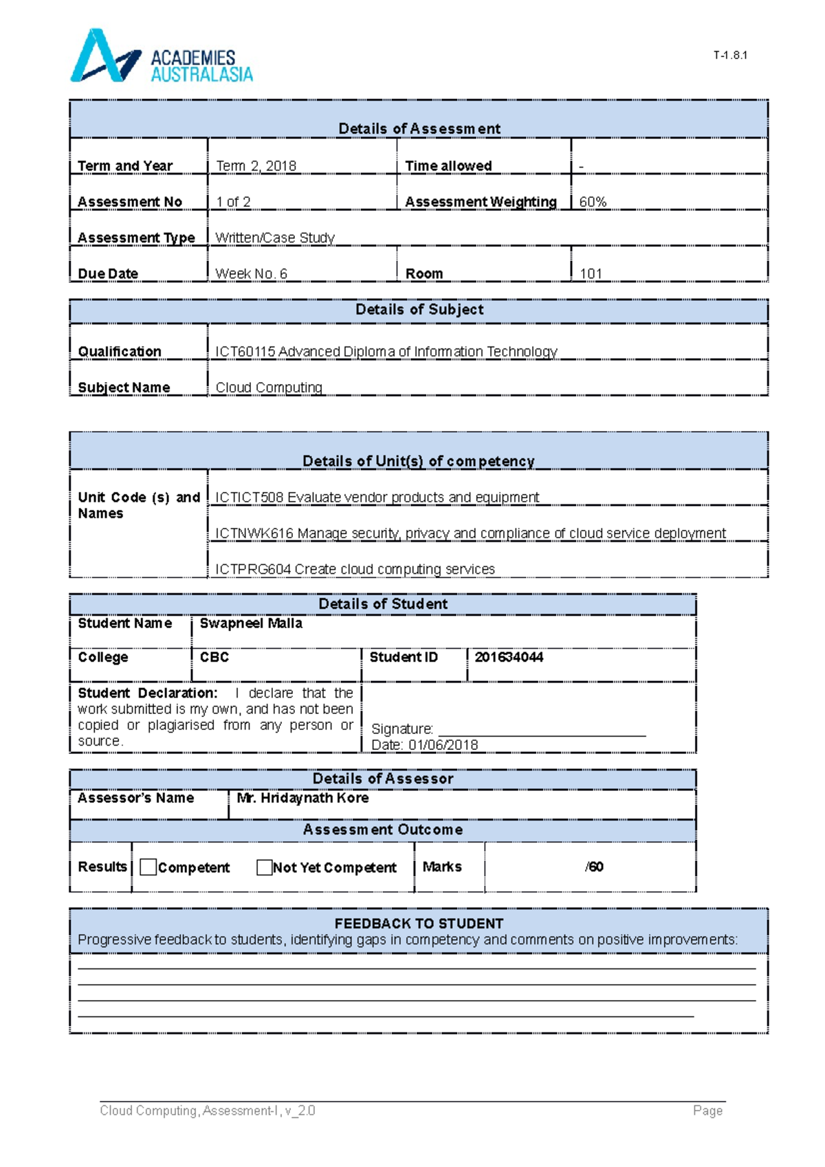 Assessment I - Cloud Computing - Details of Assessment Term and Year ...