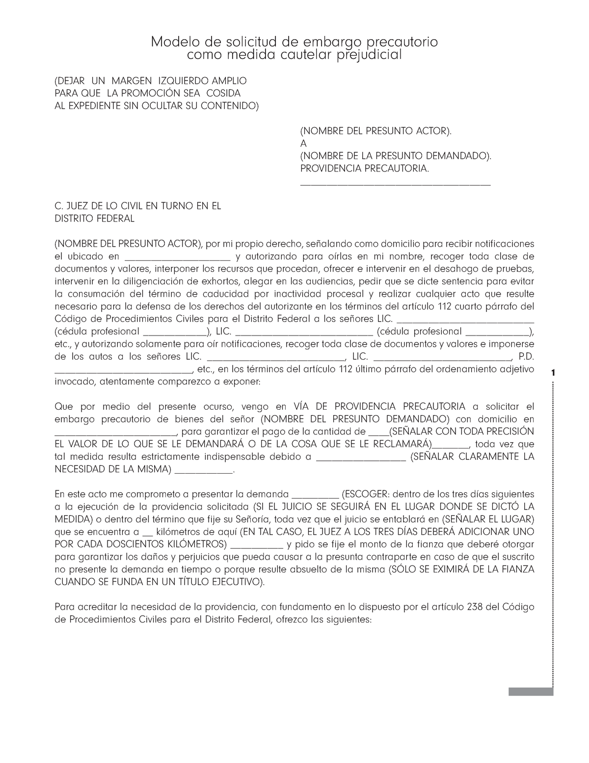 Modelo de solicitud de embargo precautorio como medida cautelar prejudicial  - A (NOMBRE DE LA - Studocu