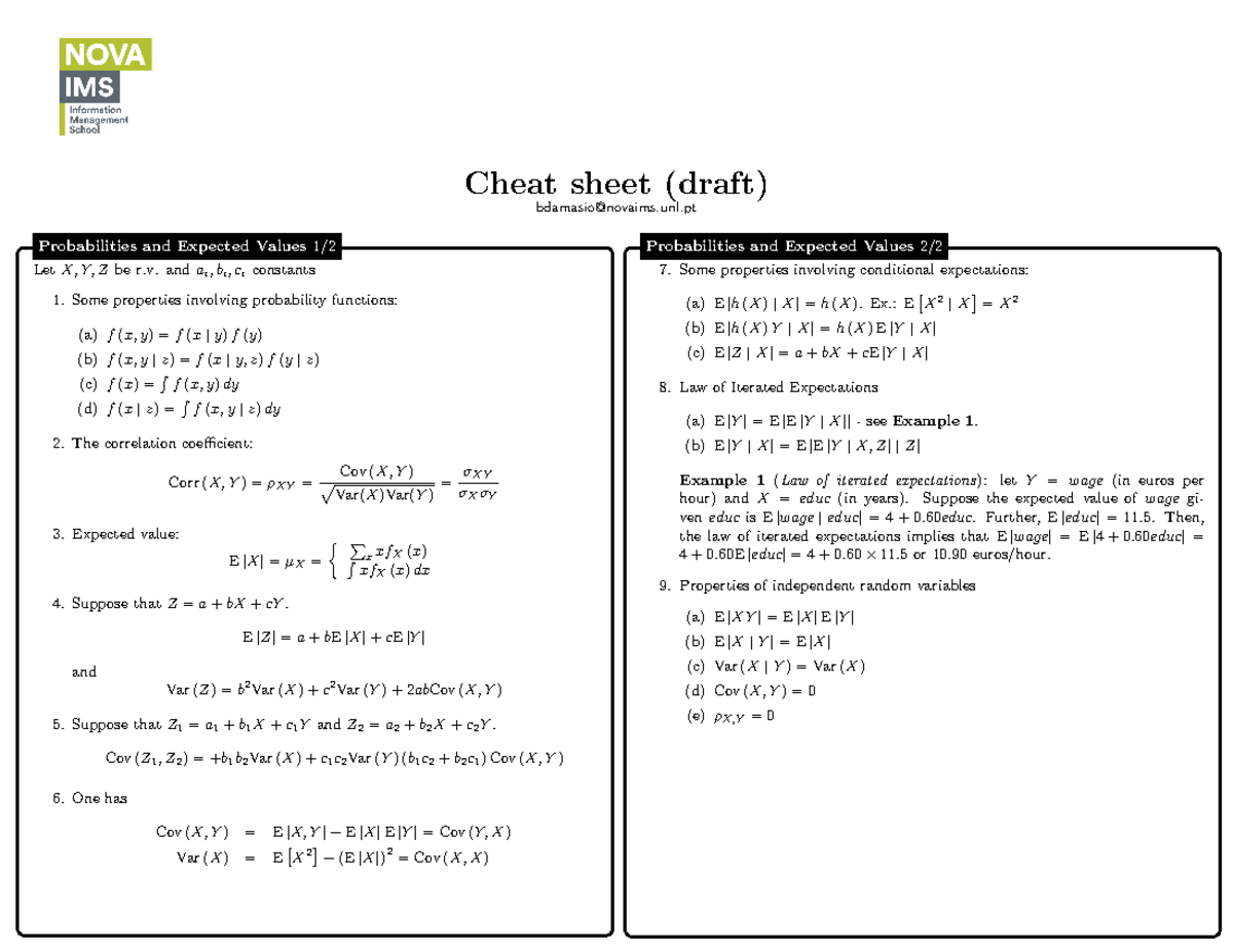 00. Formulae - Cheat sheet (draft) bdamasio@novaims.unl Let X, Y, Z be ...