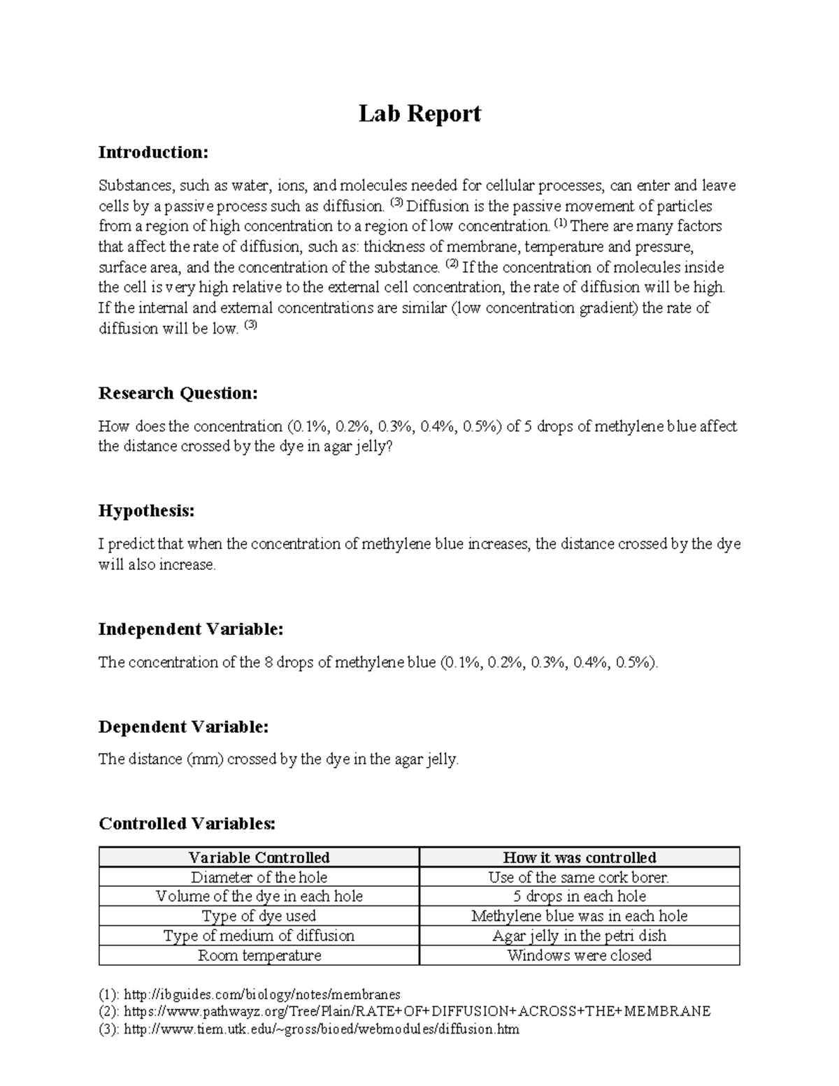 Lab Report on Rate of Diffusion Using Methylene Blue and Agar Jelly ...