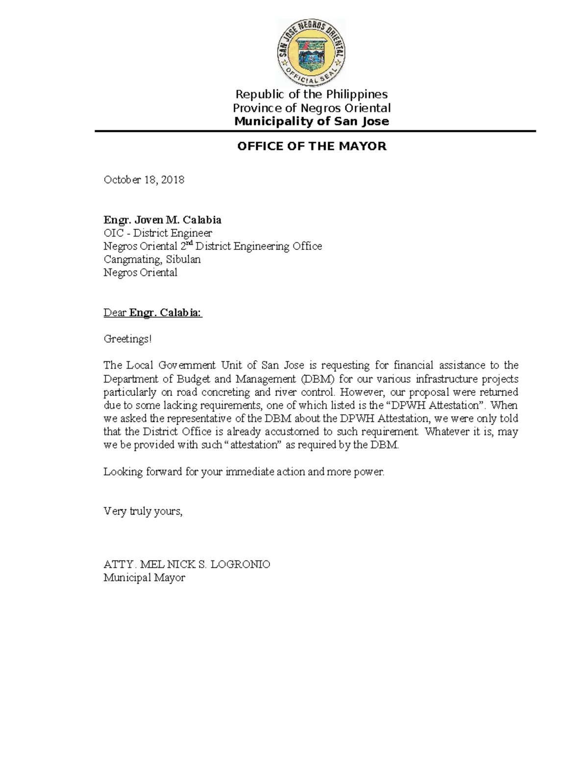 419585875 Letter Mayor DPWH Endorsement - Republic of the Philippines ...