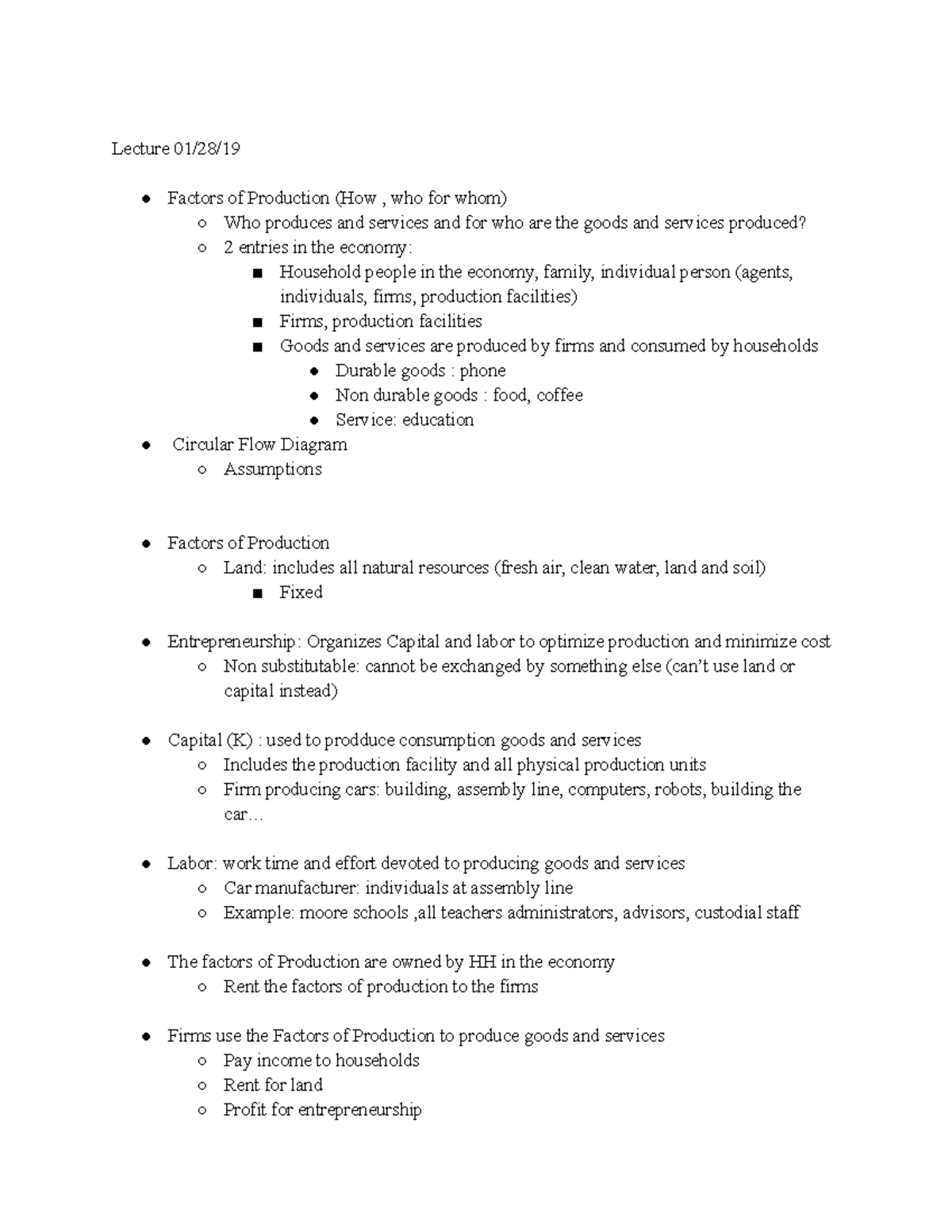 Lecture week 01 28 - week notes - Lecture 01/28/ Factors of Production ...