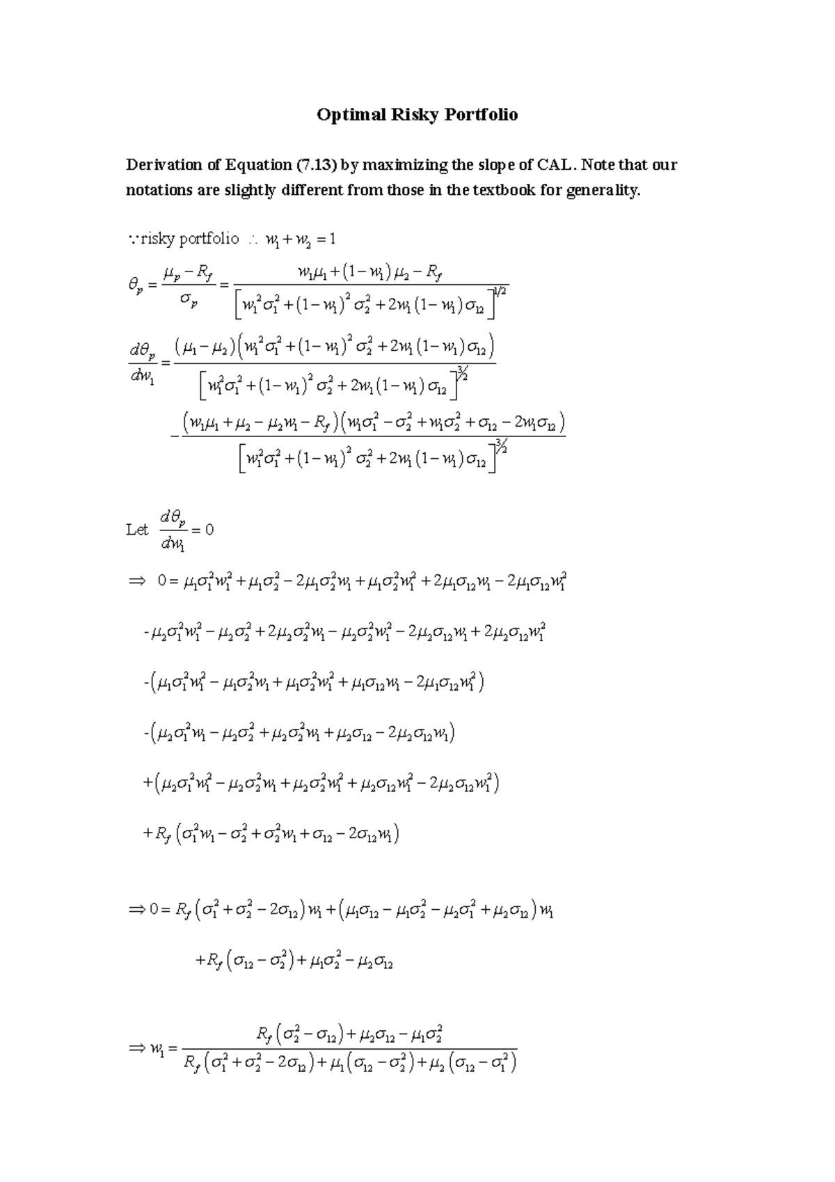 Optimal Risky Portfolio - Optimal Risky Portfolio Derivation of ...