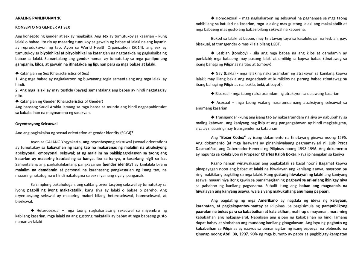 Ap 10 Module 3rd Quarter Araling Panlipunan 10 Konsepto Ng Gender At Sex Ang Konsepto Ng 6352