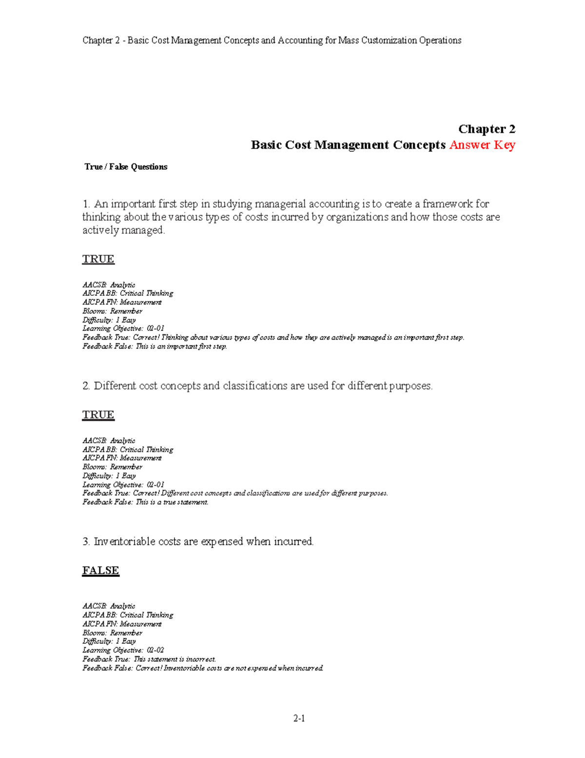 Managerial Accounting TB Ch2 - Chapter 2 Basic Cost Management Concepts ...