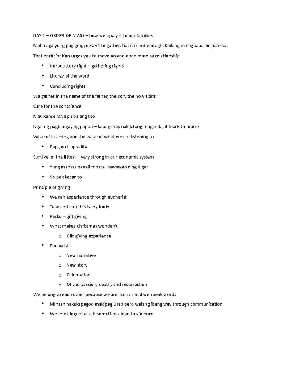 Retreat- Notes - DAY 1 – ORDER OF MASS – how we apply it to our ...