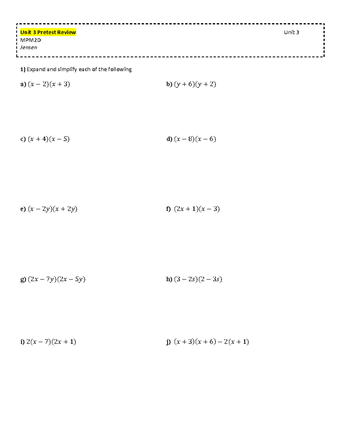 Math10+unit+3+review - Unit 3 Pretest Review Unit 3 MPM2D Jensen Expand ...
