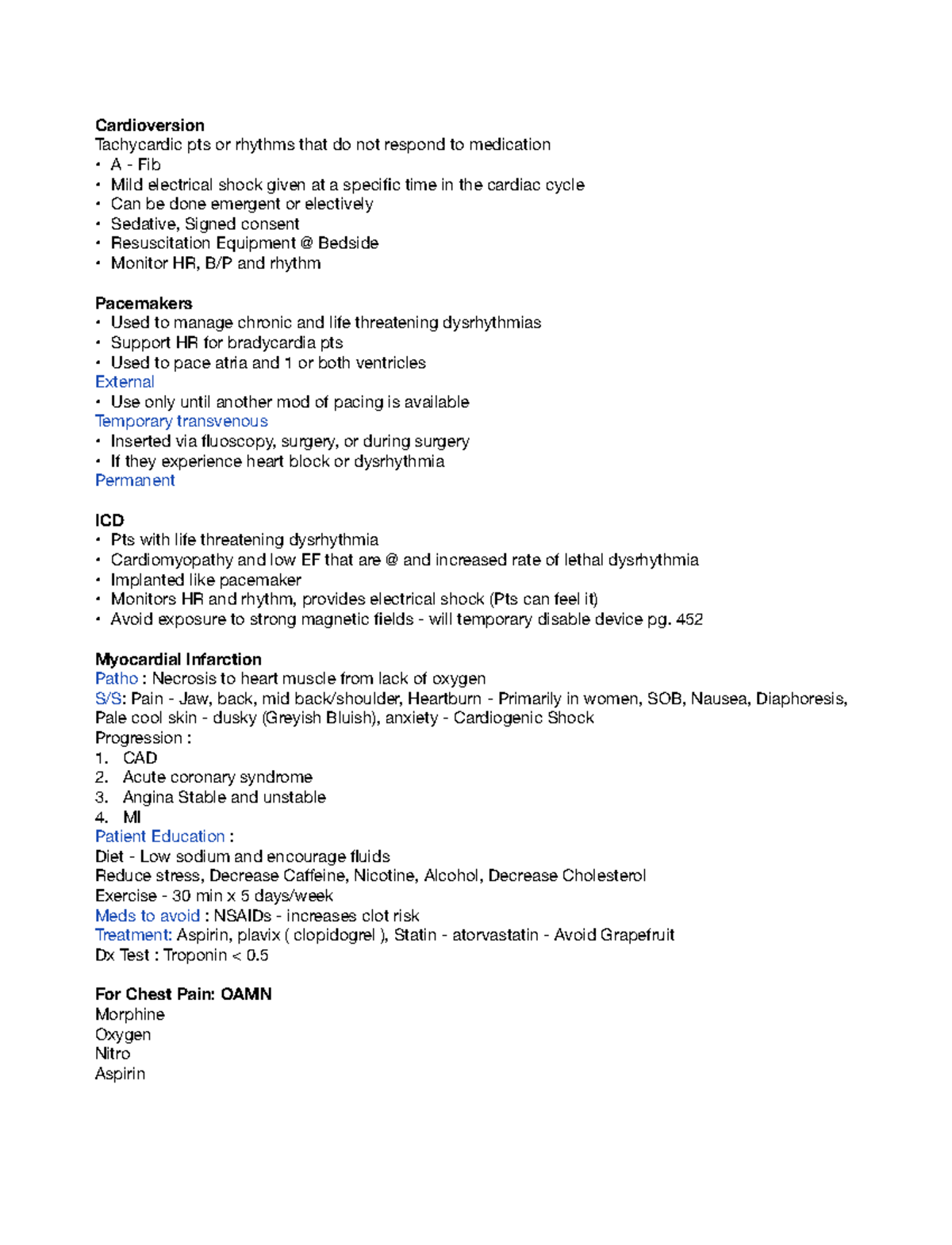 Cardiac Notes - Med Surg - Cardioversion Tachycardic pts or rhythms ...