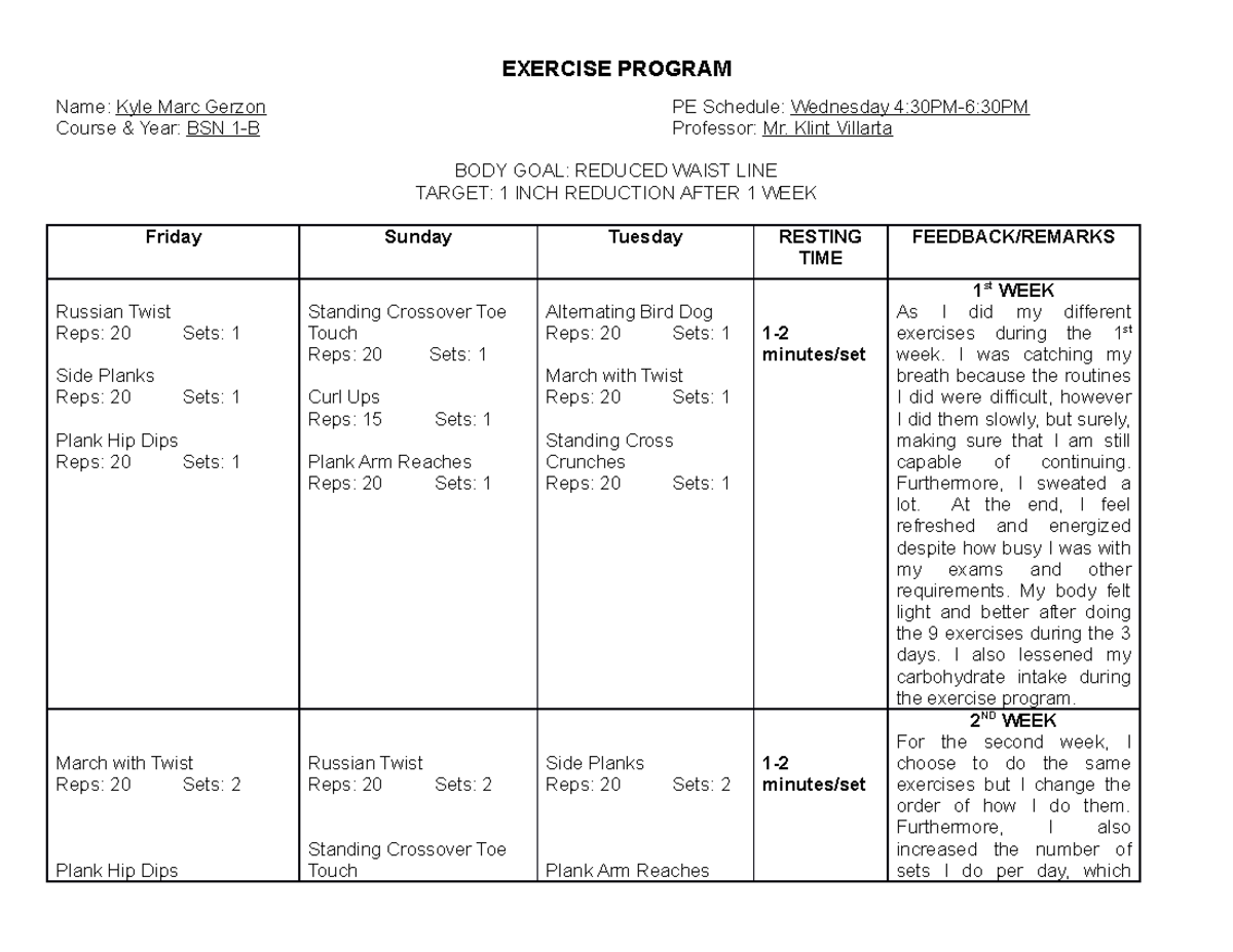 Exercise- Program- Template - EXERCISE PROGRAM Name: Kyle Marc Gerzon ...