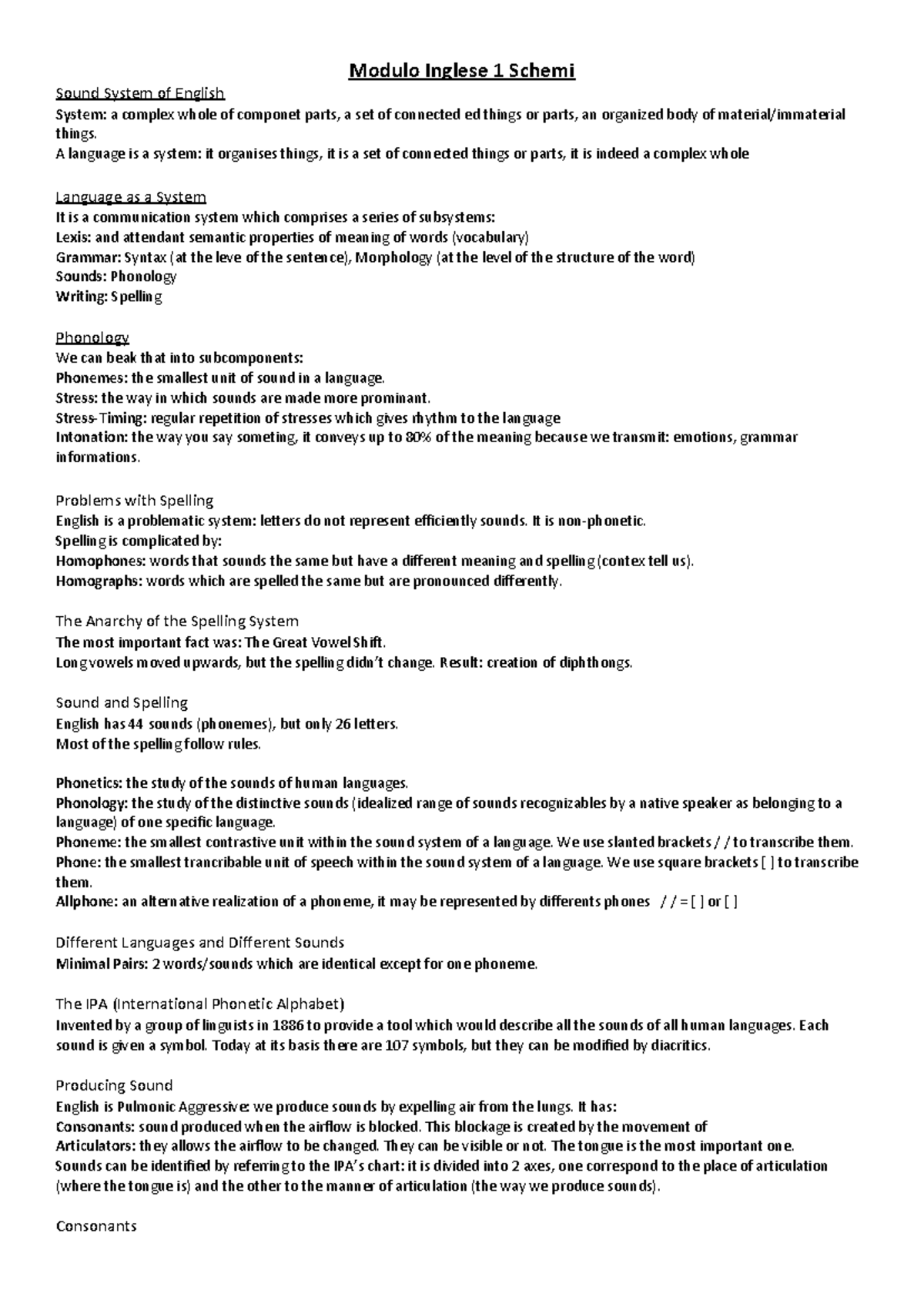 Riassunto Modulo Inglese 1 - Modulo Inglese 1 Schemi Sound System of ...