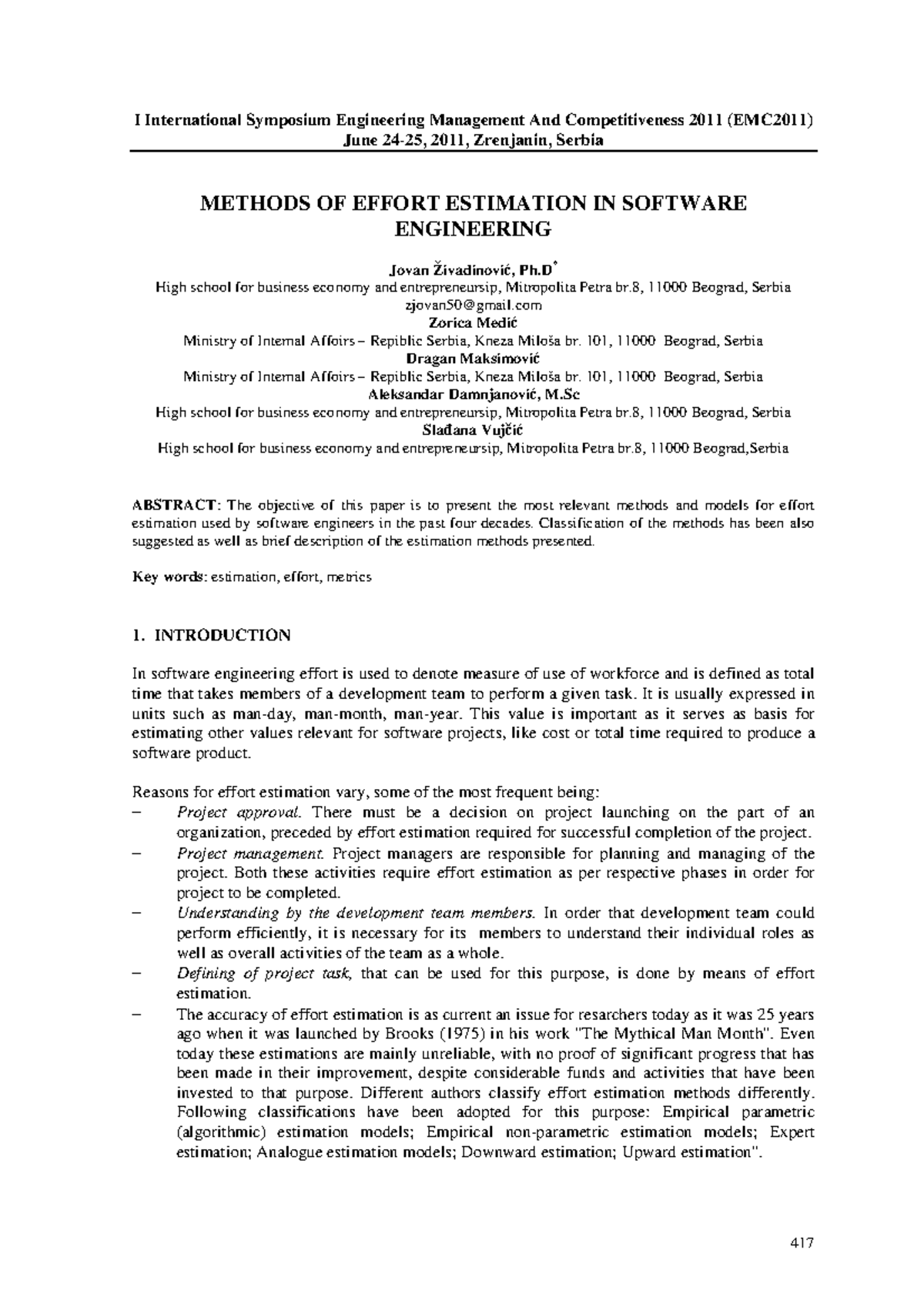 Methods OF Effort Estimation IN Software - I International Symposium ...