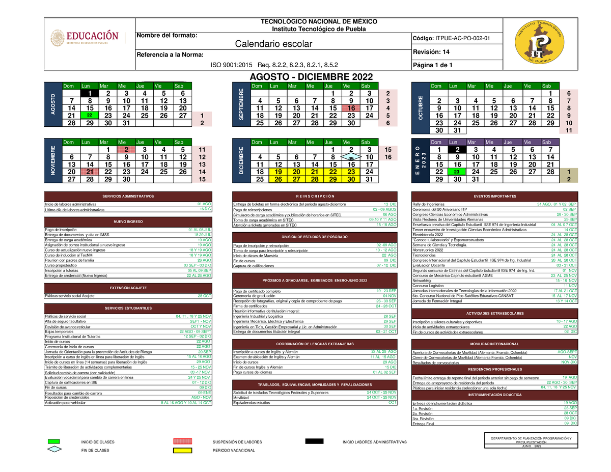 Calendario Escolar ITP Referencia a la Norma Dom Lun Mar Mie Jue Vie