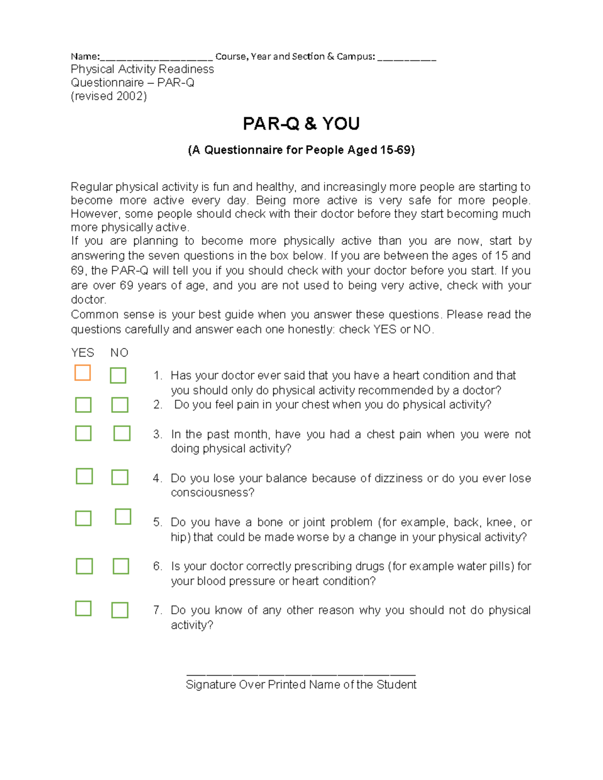 PAR Q Physical Activity Readiness to be Signed by the Student - Name