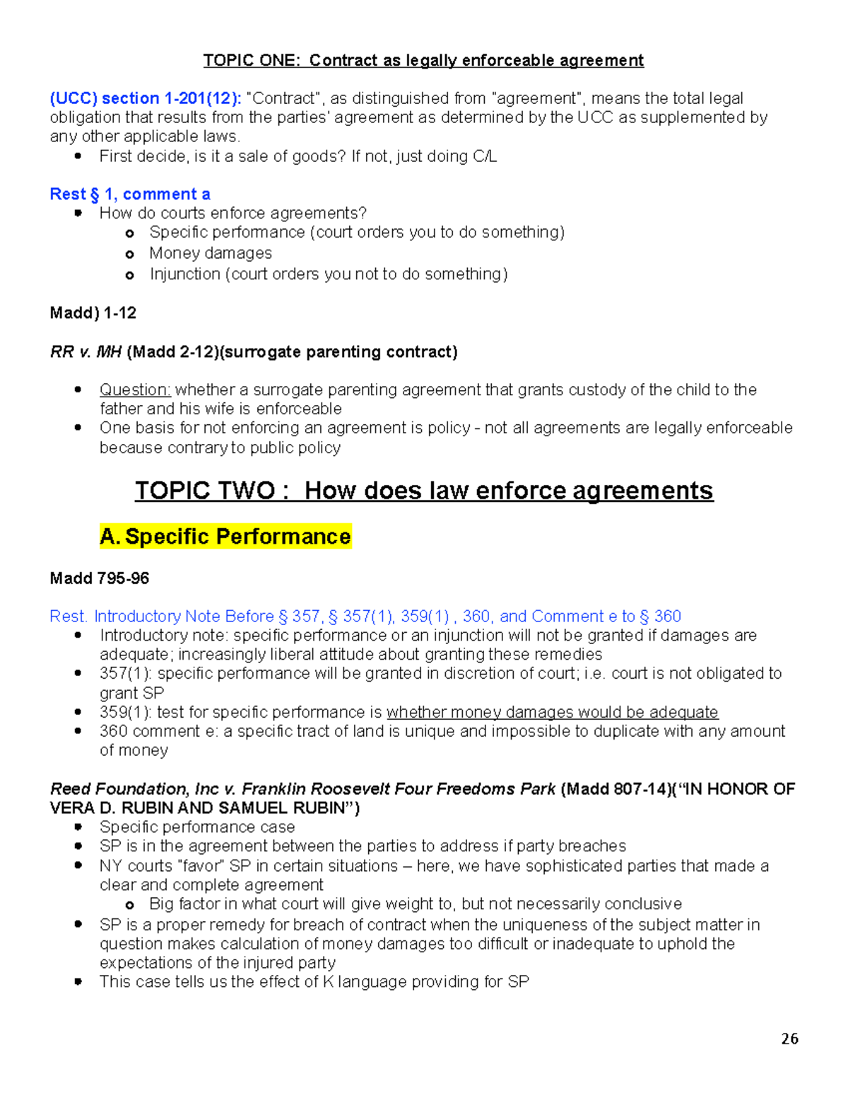 Contracts Outline - Lecture notes all - TOPIC ONE: Contract as legally ...