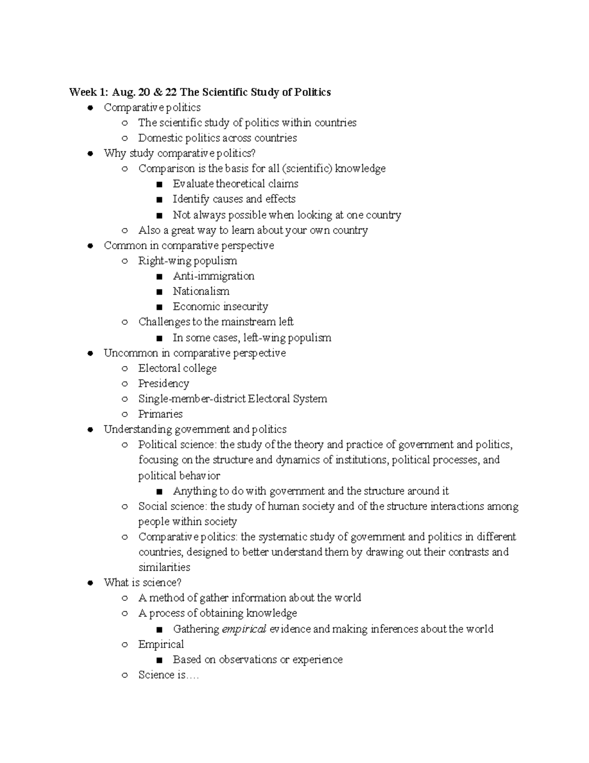 Intro to Comparative Politics lecture notes - Week 1: Aug. 20 & 22 The ...