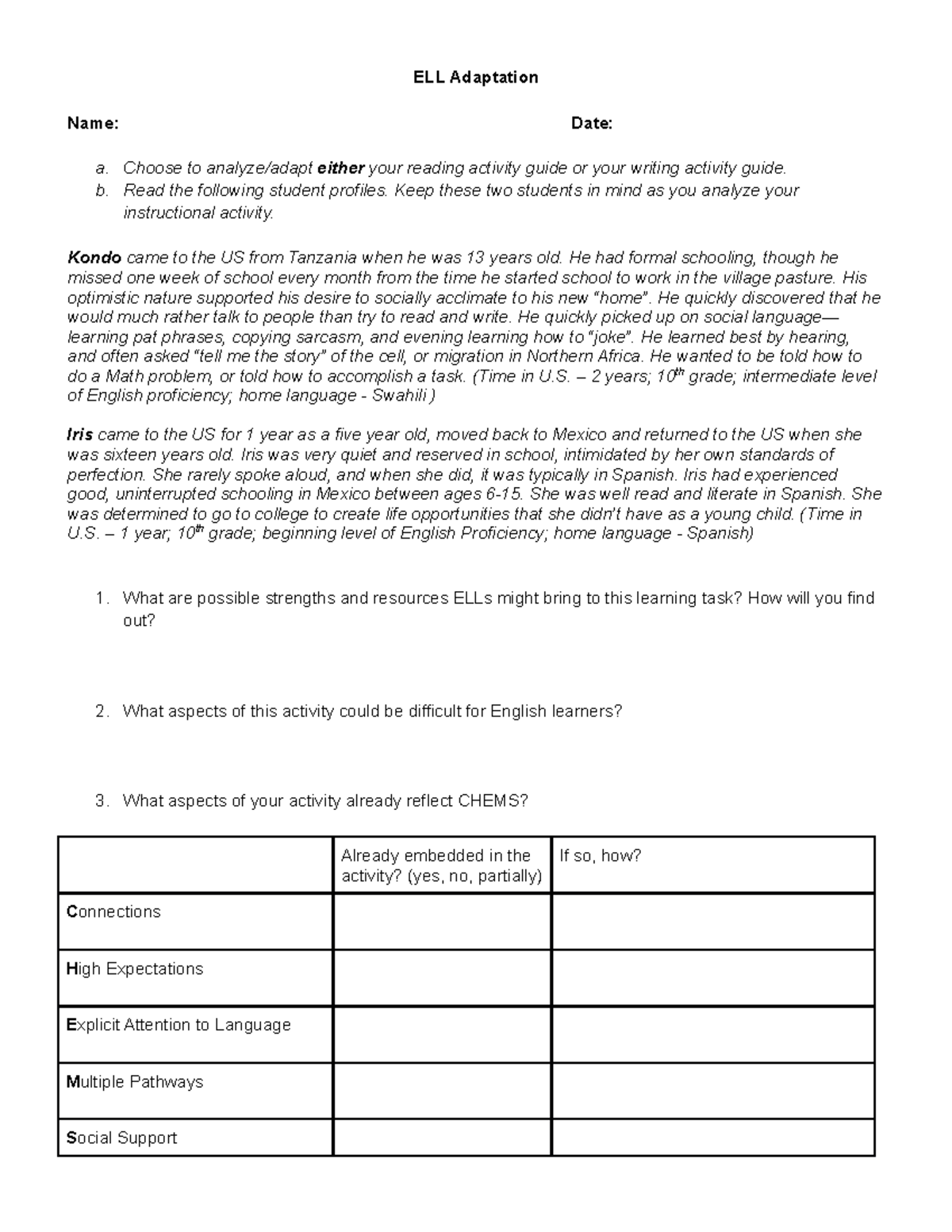 Jonathan Staben - ELL Adaptation - ELL Adaptation Name: Date: a. Choose ...