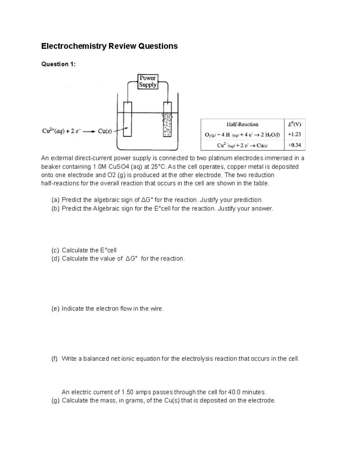 UGChem 1050Midterm 2Review Questions 2220320122551 Electrochemistry