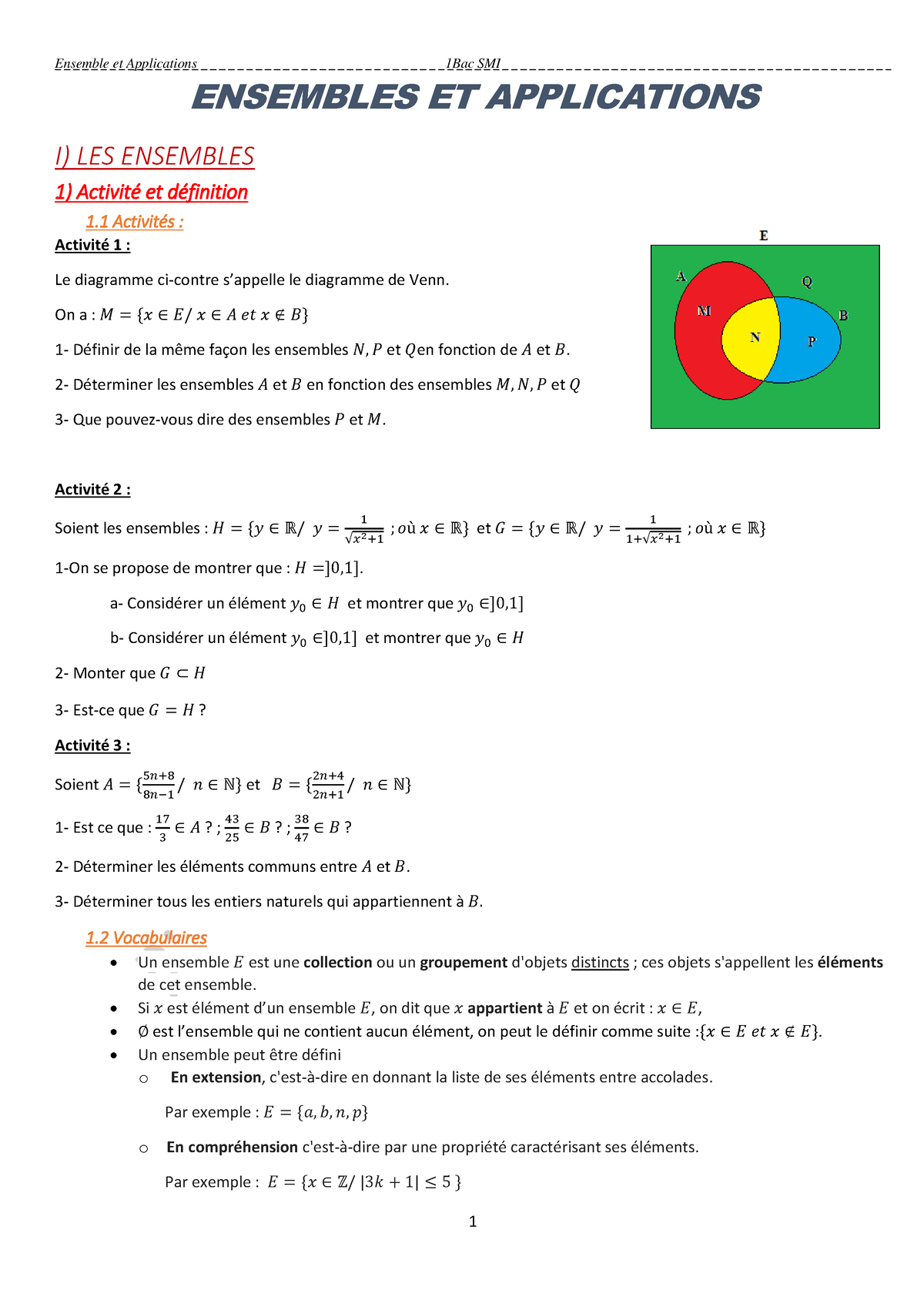 Ensembles Et Applications Cours - ENSEMBLES ET APPLICATIONS I) LES ...