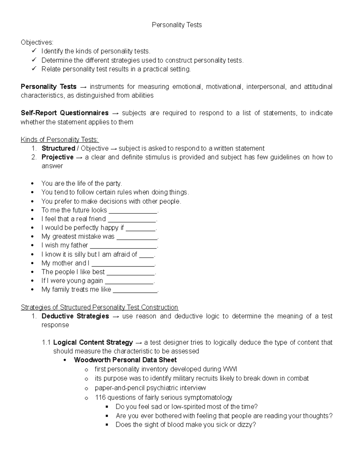 Woodworth Personal Data Sheet Purpose