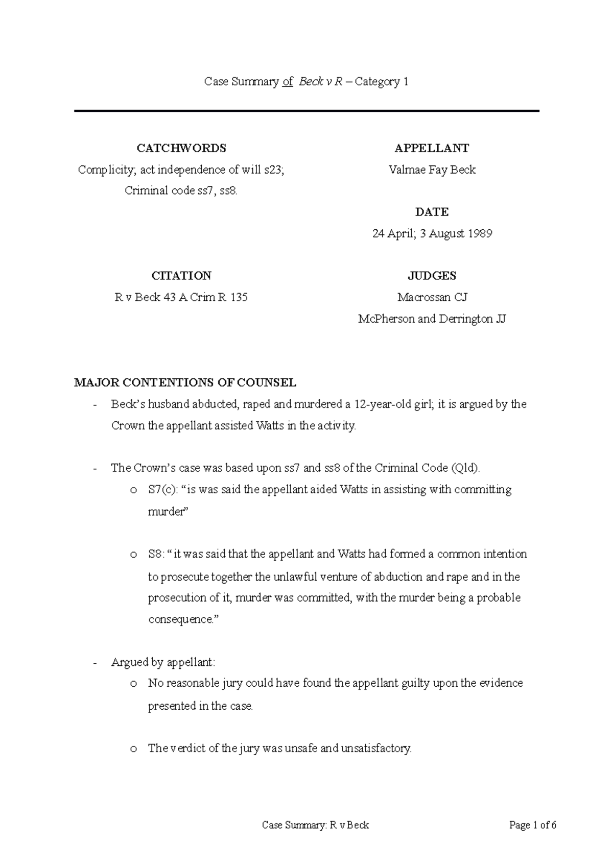 Case Summary of Beck v R - APPELLANT Valmae Fay Beck CITATION R v Beck ...