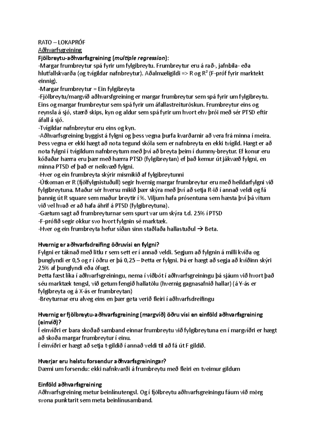RATO final exam - Lecture notes all - RATO – LOKAPRÓF Aðhvarfsgreining ...