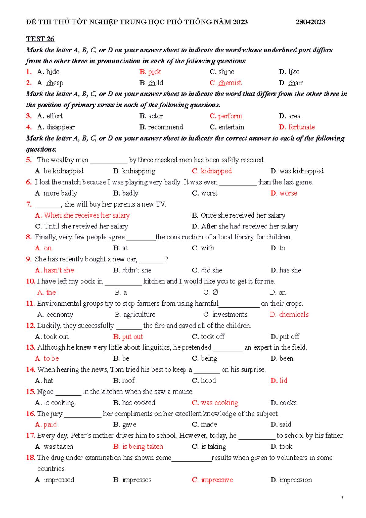 ĐỀ MINH HỌA SỐ 01 - ôn đh - TEST 26 Mark the letter A, B, C, or D on ...