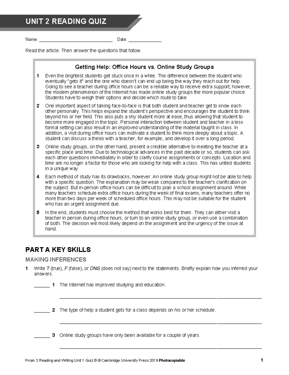 Prism RW L3 Quiz B U02 UNIT 2 READING QUIZ Name