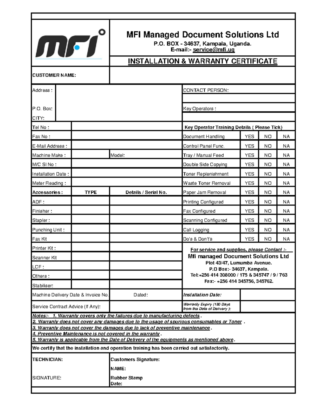 Installation Report Format - Address : P. Box: CITY: Tel No : Fax No ...