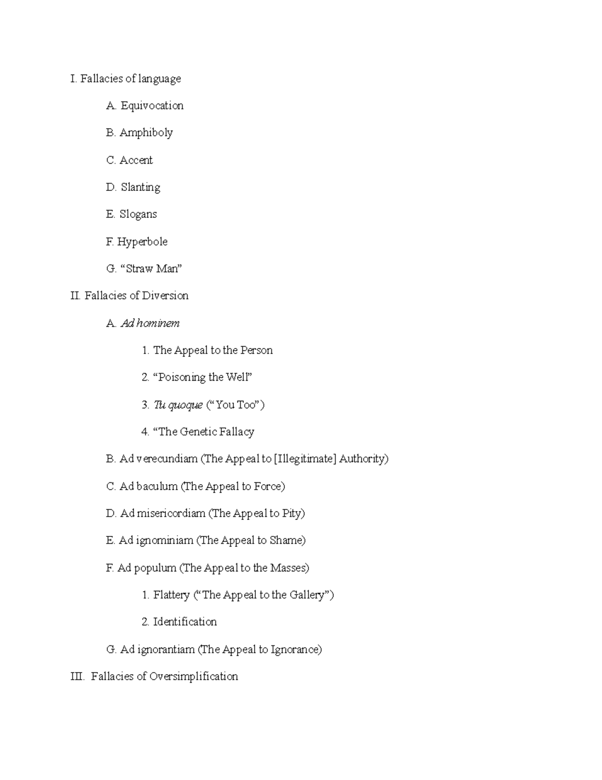 Logic Fallacies Outline - Logic 2 - WHA - I. Fallacies of language A