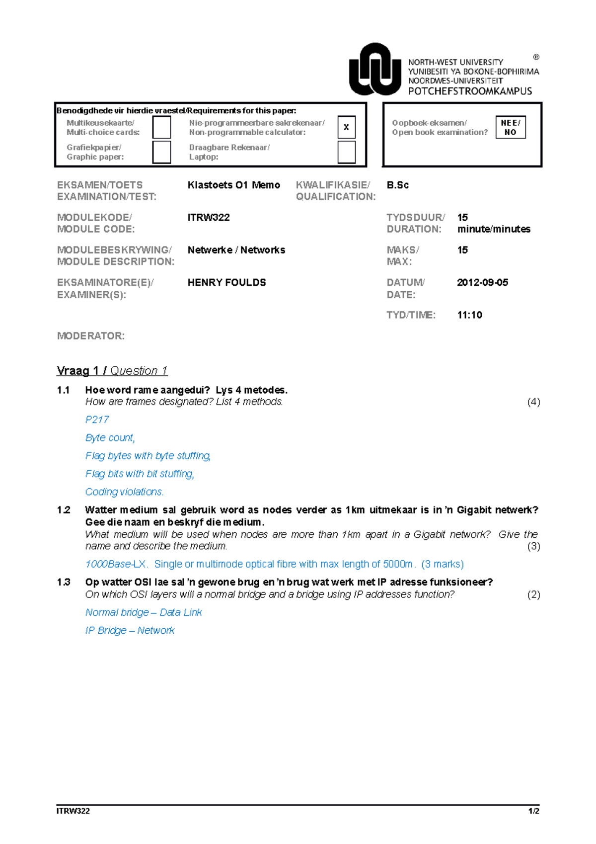Class Test 1 2012 Memo - Benodigdhede vir hierdie vraestel/Requirements ...