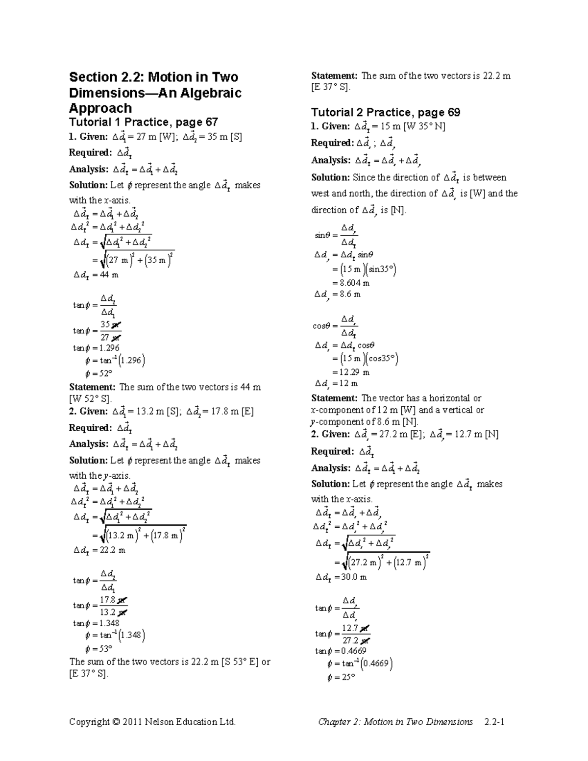 Phys11 Sm 02 2 - Nelson Physics 11 Solutions - Section 2: Motion In Two ...