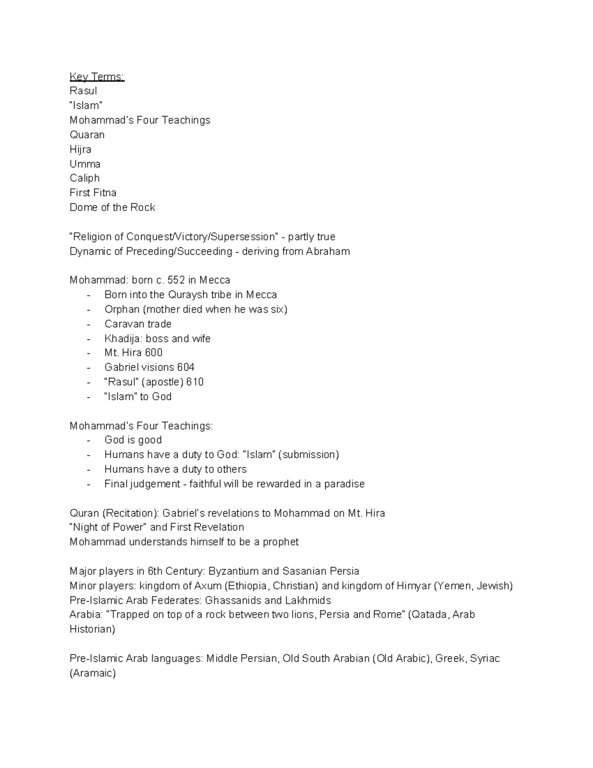 Intro to World Religion- Islam Lecture 10 11 - Key Terms: Rasul “Islam ...