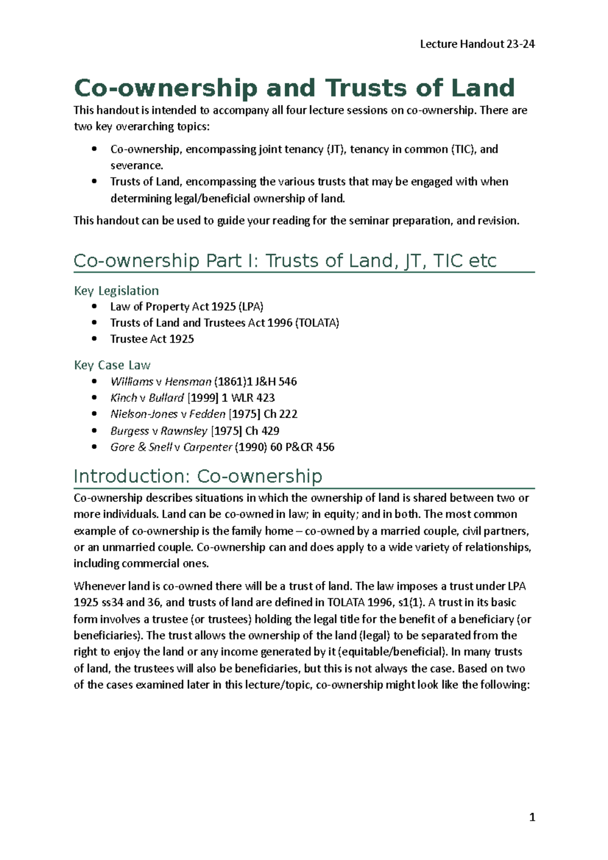 Lecture - Co-ownership - Co-ownership and Trusts of Land This handout ...