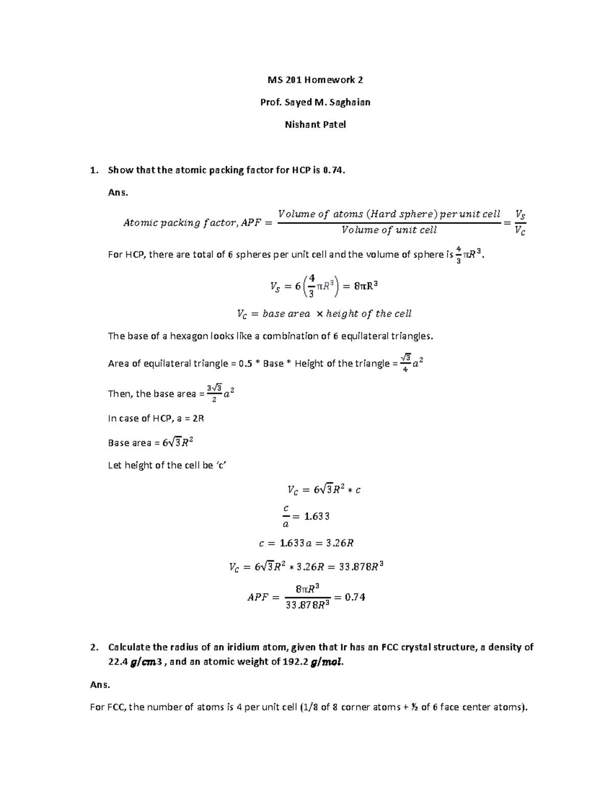 Homework 3 - MS 201 Homework 2 Prof. Sayed M. Saghaian Nishant Patel 1 ...