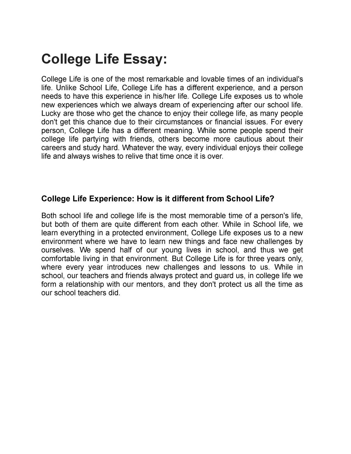 meaning of college life essay