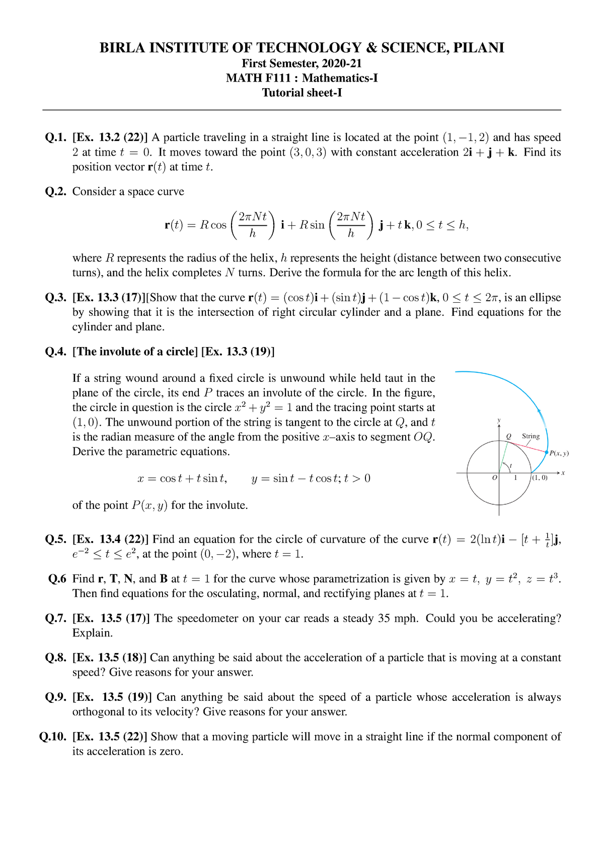 Tutorial Sheet 1 - Mathematics F111 - Suresh Kumar Lecturer Notes ...