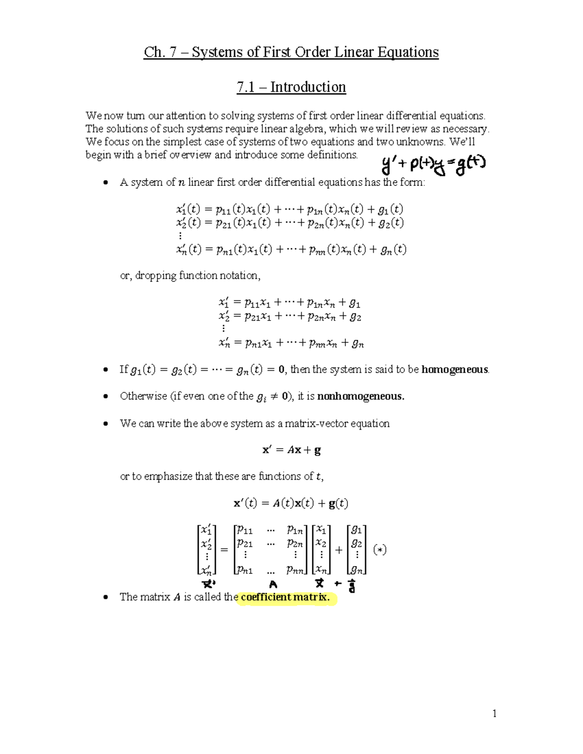 7.1 notes - Ch. 7 3 Systems of First Order Linear Equations 7 3 ...