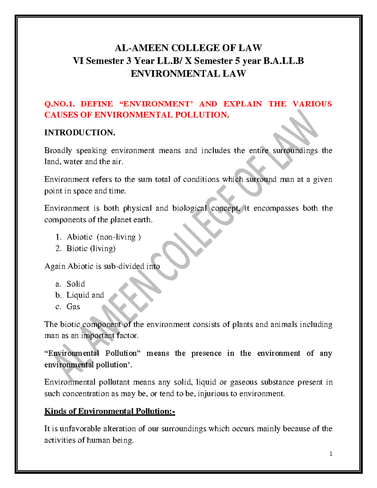 Environmental law Al Ameen - AL-AMEEN COLLEGE OF LAW VI Semester 3 Year ...