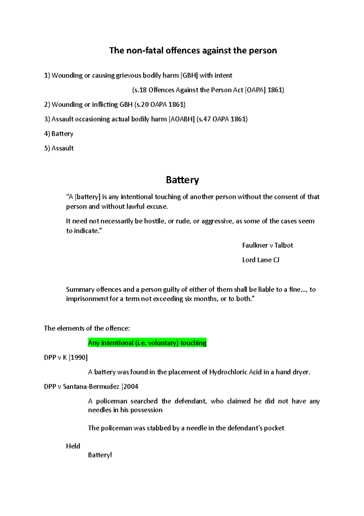 OATP Revision - he non-fatal offences against the person 1) Wounding or ...