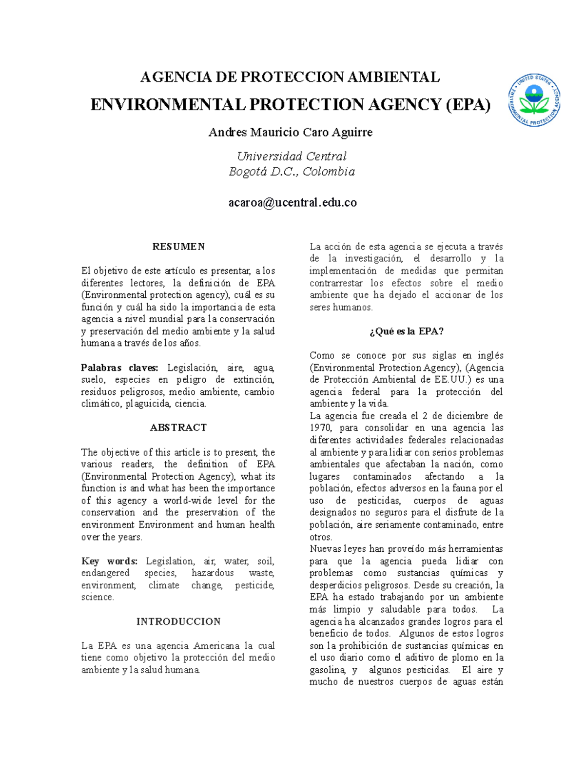 Articulo Agencia DE Proteccion Ambiental EPA - AGENCIA DE PROTECCION ...