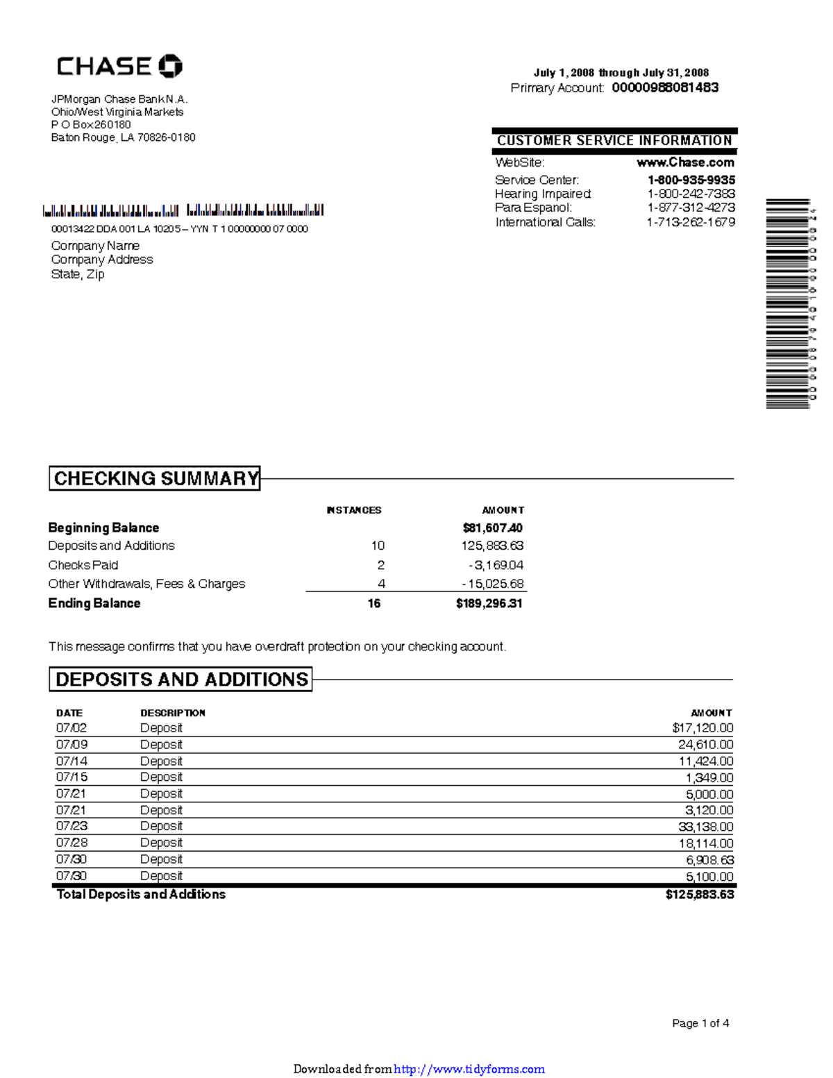 Jp Chase - Test - Page 1 Of 4 Primary Account: 00000988081483 Jpmorgan 