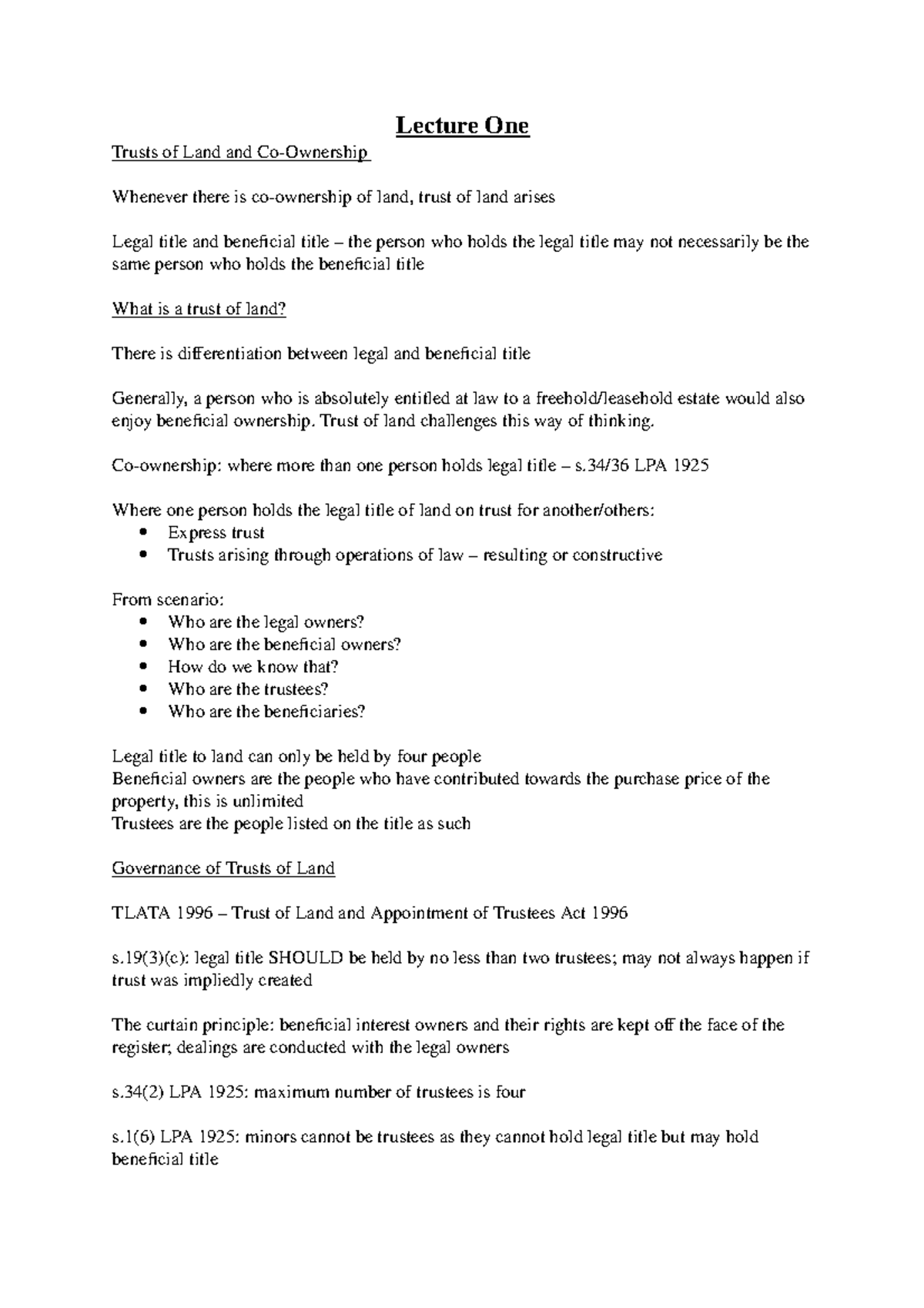 Land Law II - Lecture notes 1-7 - Lecture One Trusts of Land and Co ...