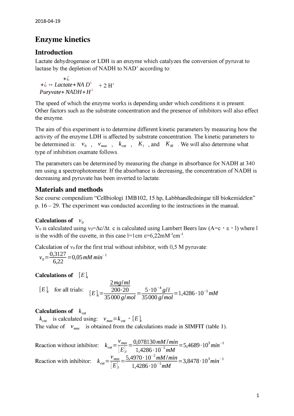 Enzyme lab raport 20180419 Enzyme Introduction