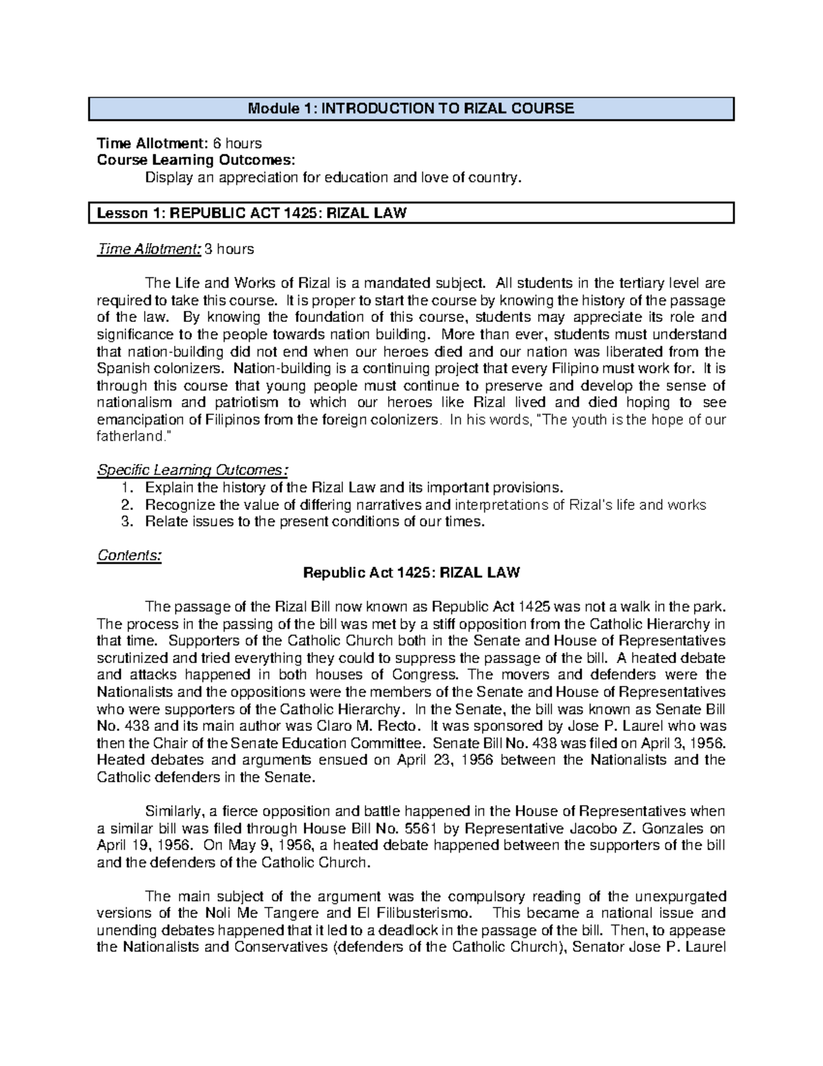 Module 1 Rizal LAW 1 - Module 1: INTRODUCTION TO RIZAL COURSE Time ...