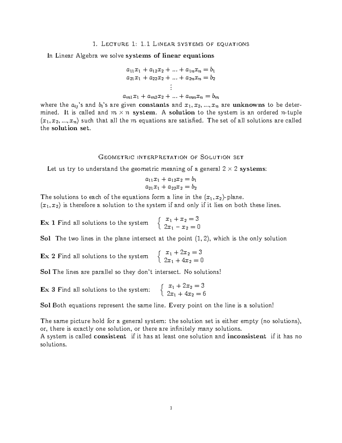 1.1. Linear Systems of Equations - Lecture 1: 1 Linear systems of ...