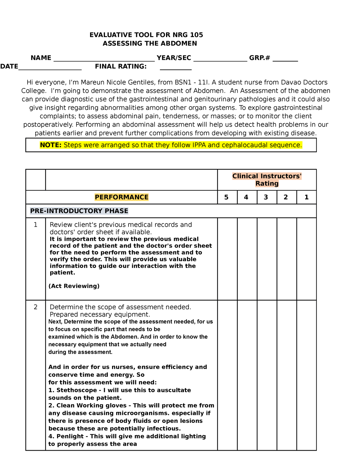 PR6 Abdomen Assessment - Nursing - AdDU - Studocu