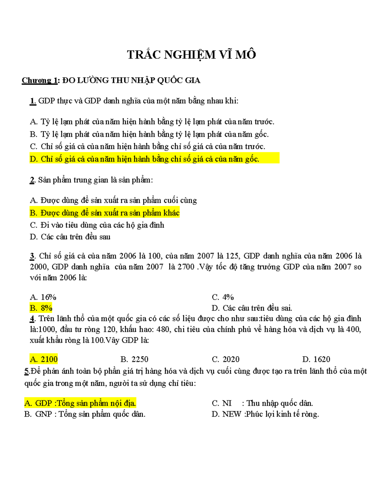TRẮC NGHIỆM VĨ MÔ KEY Assignment for final exam of Macroeconomics