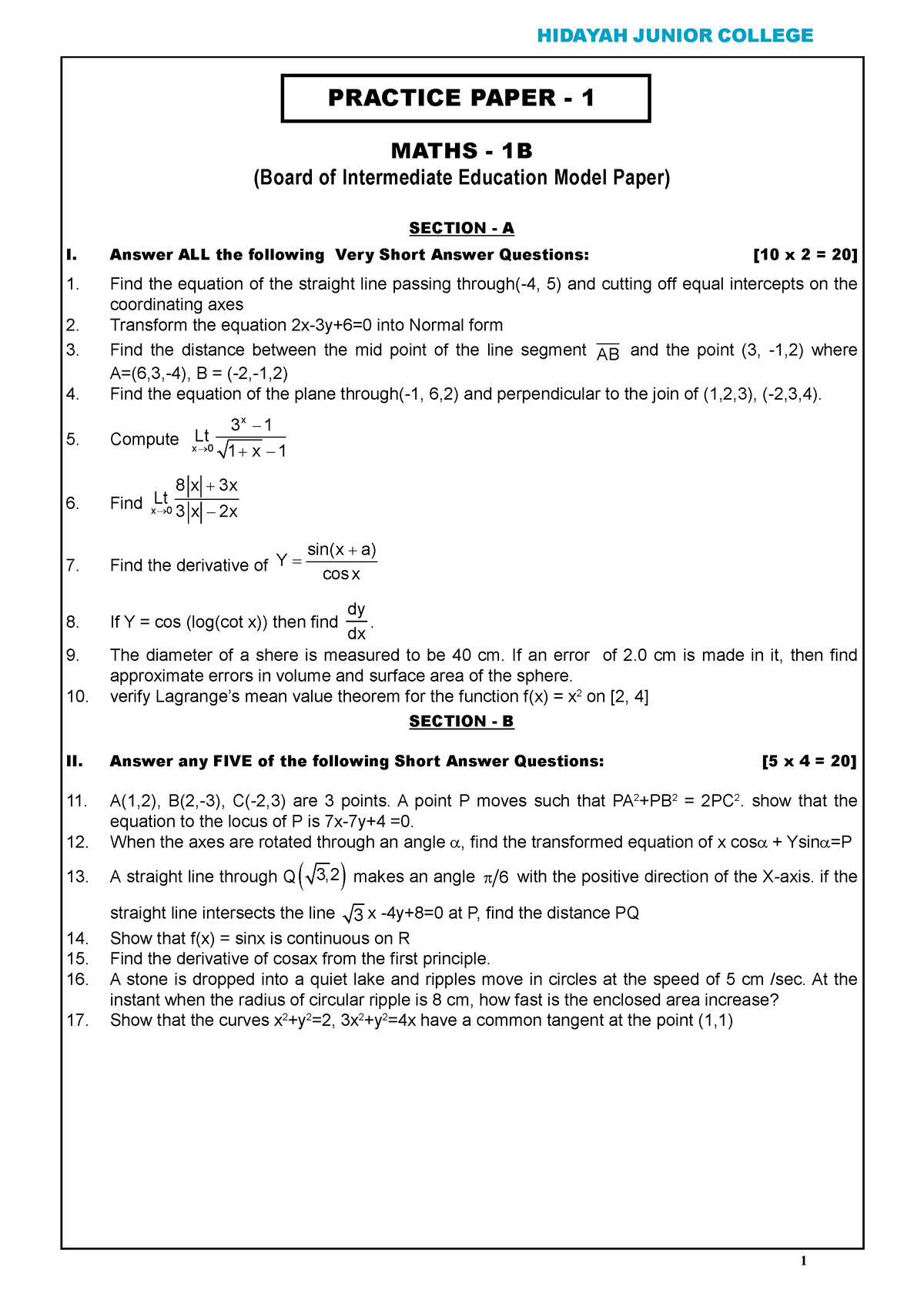 Mathsa 1B Practics Papers - PRACTICE PAPER - 1 MATHS - 1B (Board Of ...