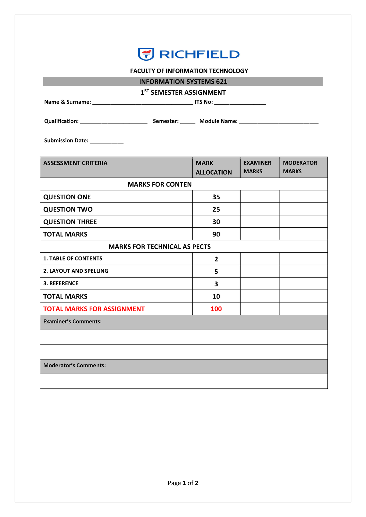 Information Systems 621 - Page 1 of 2 FACULTY OF INFORMATION TECHNOLOGY ...