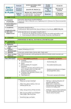 March 11, 2024 Development of Periodic Table DLP - DAILY LESSON PLAN ...